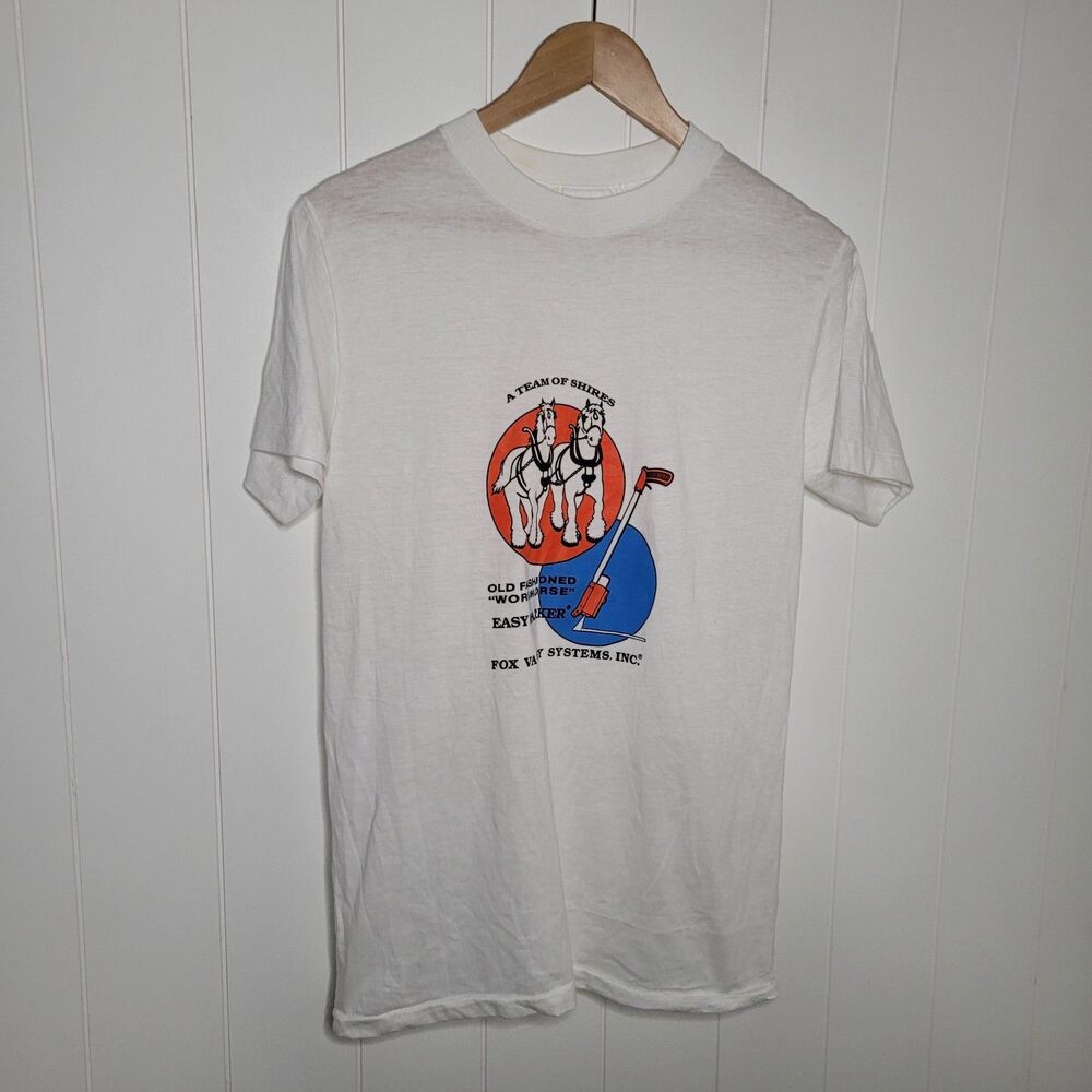 Vintage 80s Single Stitch Shirt Size Small White Graphic Fox Valley Systems Inc